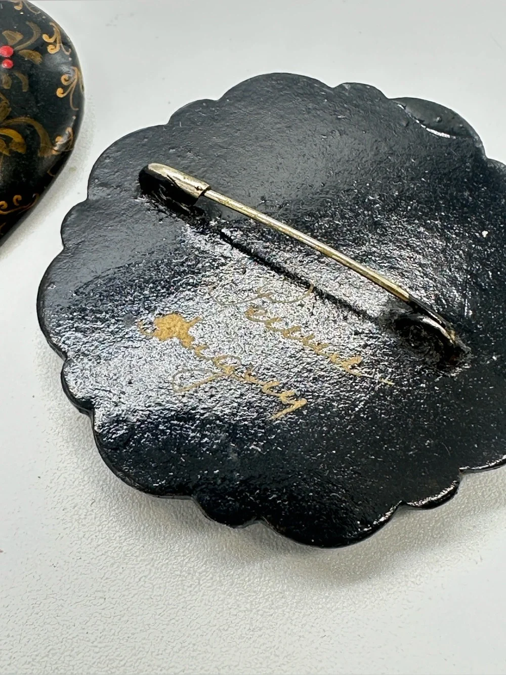 Vintage Russian Hand-Painted Floral Black Lacquer Brooch Pin  Set of 2